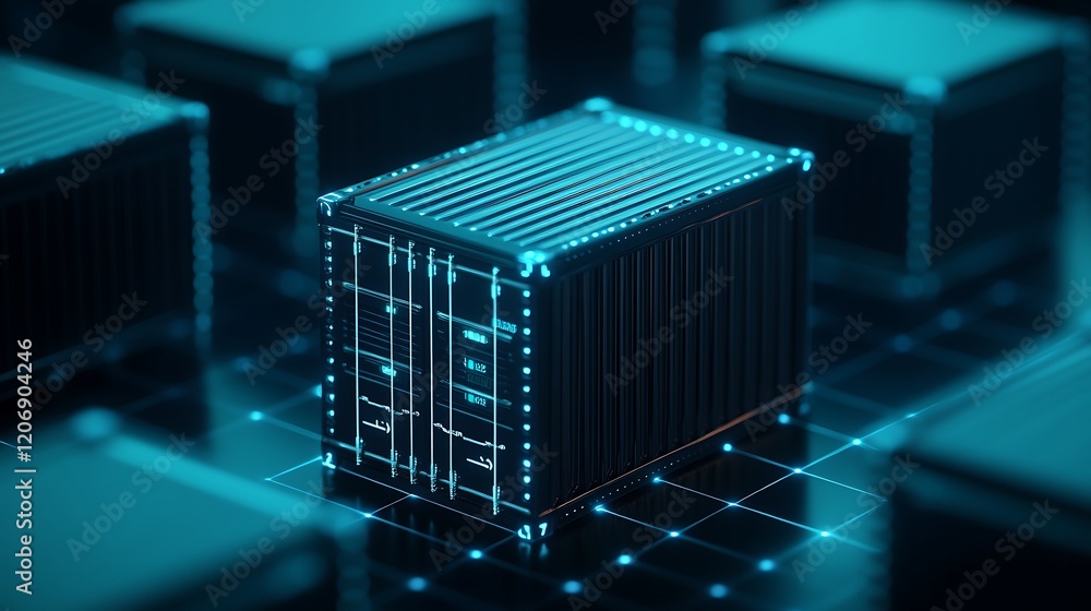 Poster futuristic digital shipping container with neon blue lines on a dark background representing technol