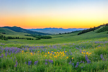 Obraz premium Sunrise Over Rolling Fields/朝日の田園風景