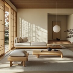 Fototapeta premium Serene Minimalist Japanese Style Living Room Interior Design