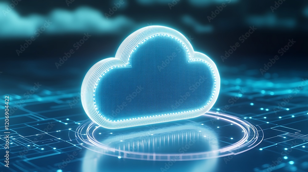 Poster futuristic glowing cloud icon representing data storage technology and digital connectivity in moder