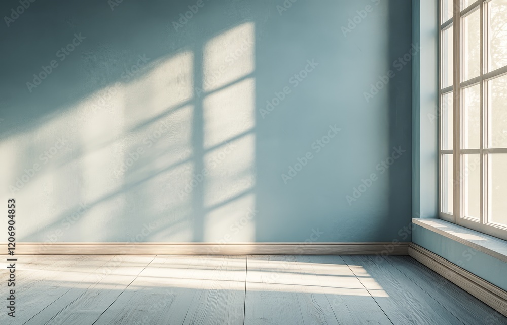Poster sunlight streams into an empty room with light blue walls and white wood floors.