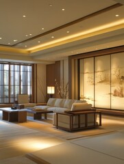 Serene Living Room with Asian Inspired Decor and Lighting