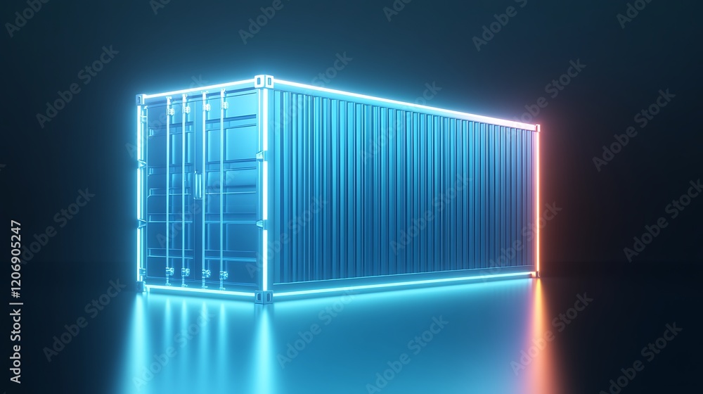 Poster futuristic neon shipping container with glowing edges and reflections on a dark background