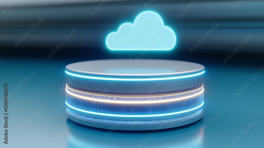 Poster futuristic platform with glowing edges and cloud icon, digital technology and cloud computing concep