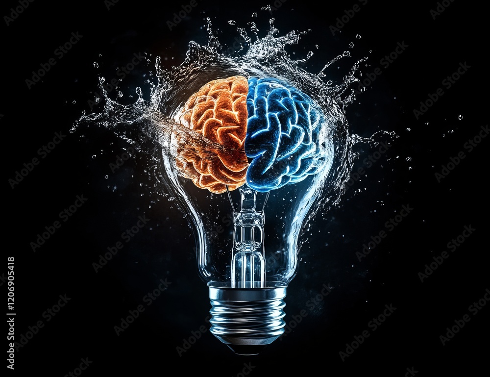 Poster water splashing on a lightbulb with a brain inside.