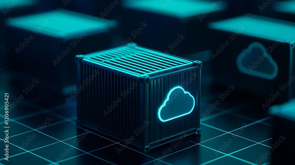 Poster futuristic storage containers with cloud symbols for data management in a digital environment