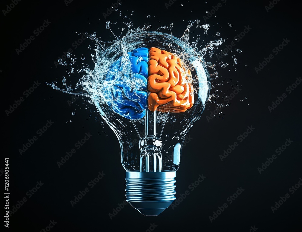 Poster Water splashing from a lightbulb containing a split-color brain.