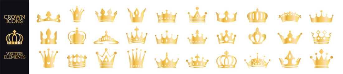 Crown set icons. Queen king golden crowns luxury royal on transporant background. Linear and silhouette icons.