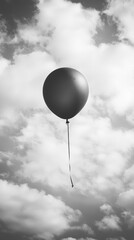 A single balloon drifts upward against a backdrop of soft, fluffy clouds, capturing the serenity of a calm and peaceful afternoon sky. Its ascent evokes a sense of wonder and freedom