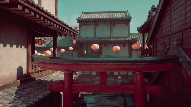 A traditional Japanese temple gate adorned with vibrant red lanterns