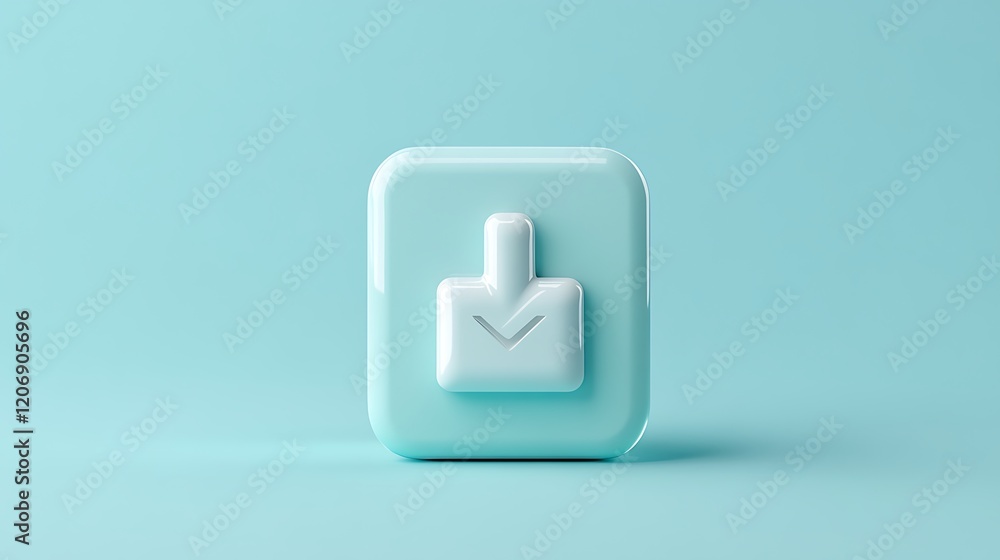 Poster glossy download button icon on soft blue background for digital interfaces and web design concepts