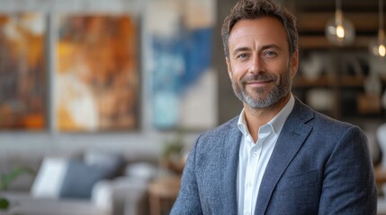 Naklejka premium Confident businessman smiling while standing in a modern, stylish office setting with colorful artwork in the background