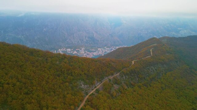 Bay of Kotor from Mount Vrmac drone view, Montenegro
