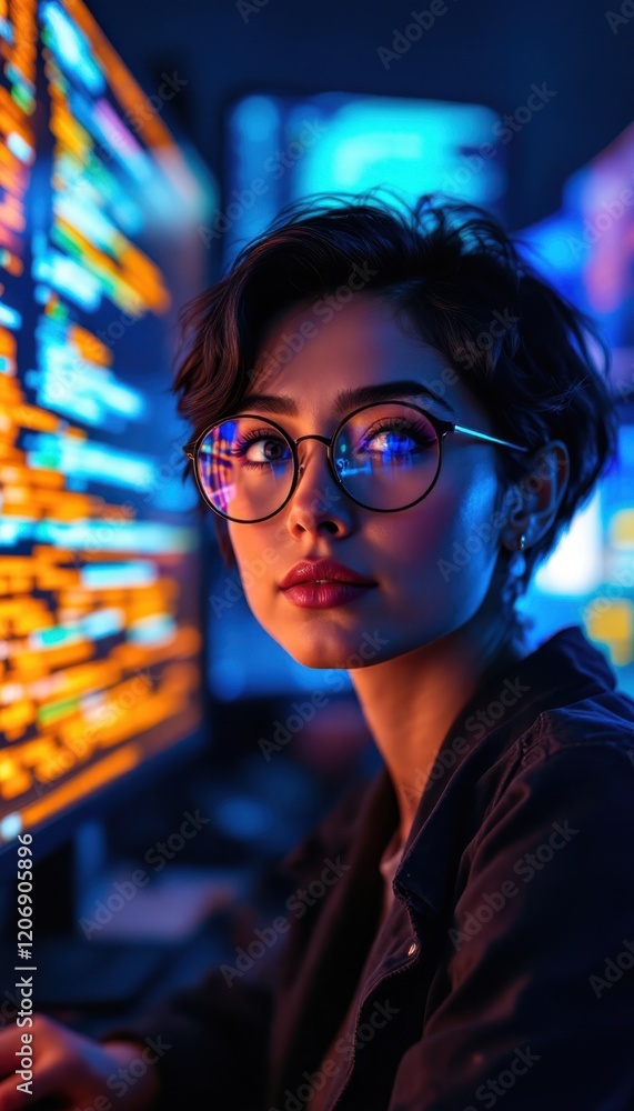 Poster young asian female programmer at computer with code reflections