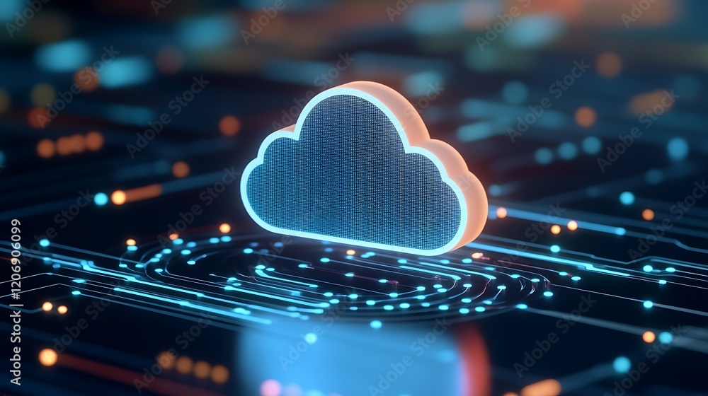 Poster glowing cloud icon on abstract circuit board background with bright lights and technology theme