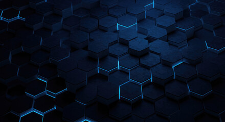 Abstract blue hexagon pattern background with glowing lights.
