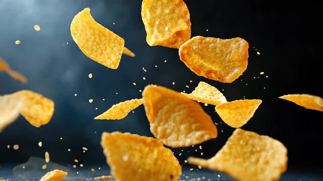 Crispy potato chips cascading in mid-air against a dark backdrop creating an appetizing visual contrast, Crispy potato chips falling against a dark background