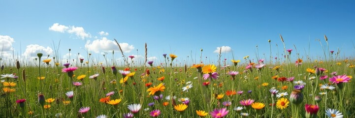 A vibrant meadow of wildflowers swaying gently in the breeze with a clear blue sky above and a few fluffy white clouds scattered across it, garden, colorful, blooming