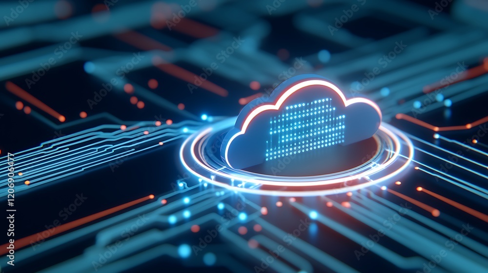 Poster glowing cloud icon surrounded by circuit patterns in a futuristic digital landscape