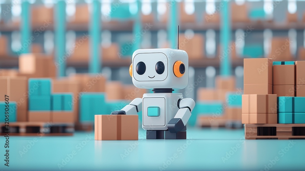 Poster a cheerful robot handles packages in a colorful warehouse filled with stacked boxes, showcasing auto