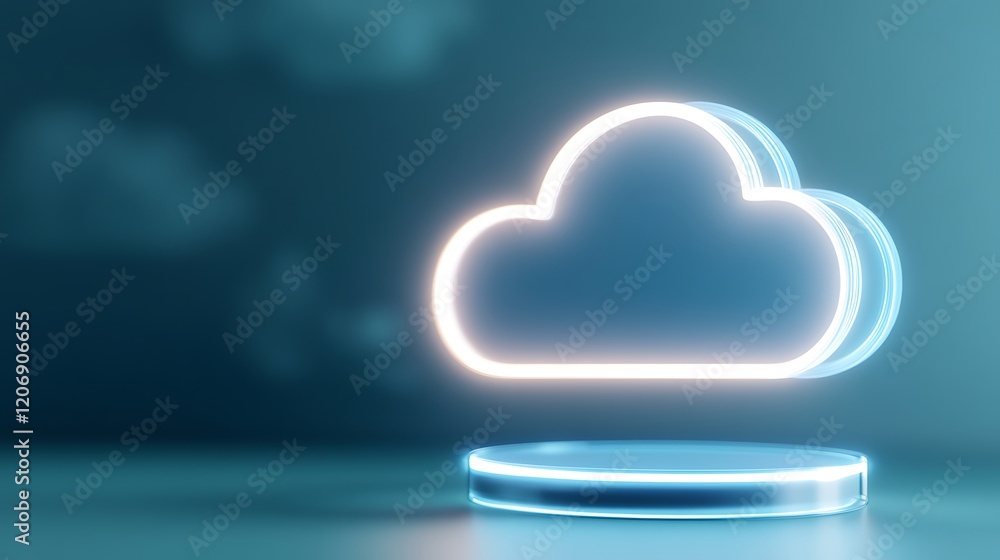 Poster glowing cloud icon with futuristic atmosphere on a soft gradient background in digital concept style