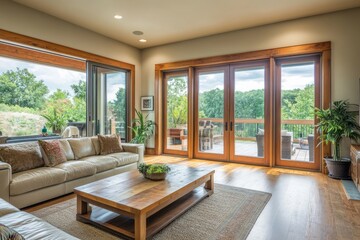 Fototapeta premium Luxurious Living Room with Wooden Doors and Scenic View