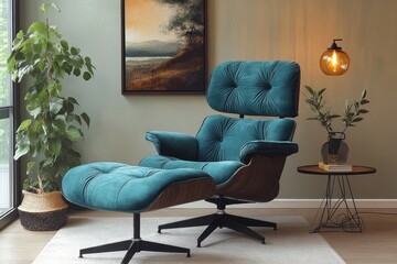 Turquoise velvet swivel chair with ottoman and footrest in cozy retro living room, soft fabric texture for reading or relaxing.