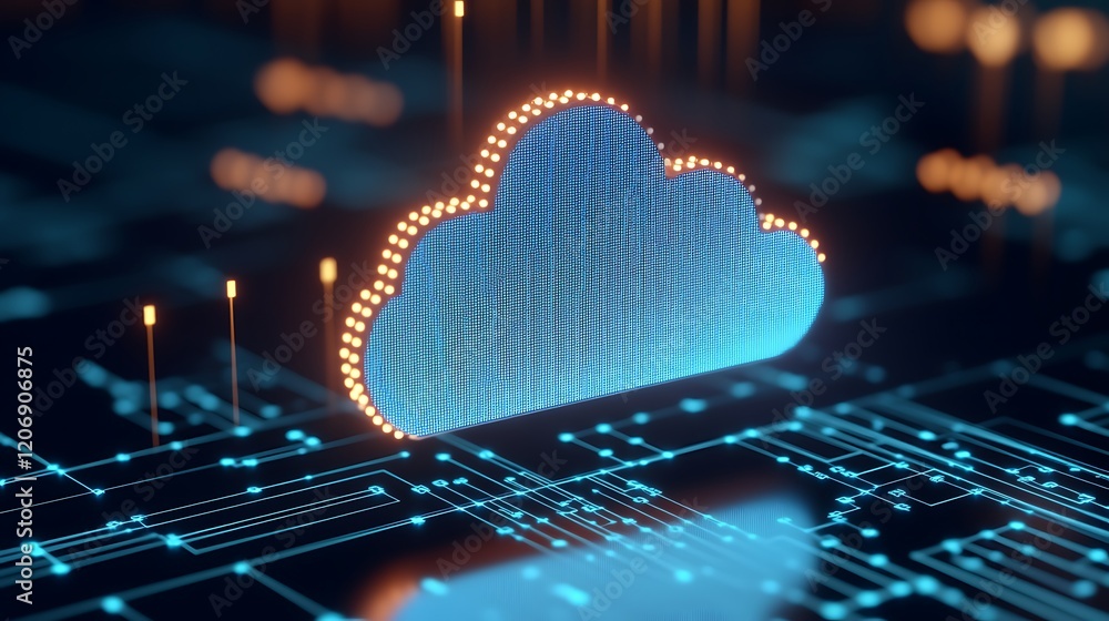 Poster glowing cloud symbol on modern circuit board with abstract digital design and data connection concep