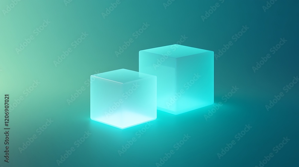 Poster glowing cubes on a gradient background with soft blue and green lighting for abstract design and art