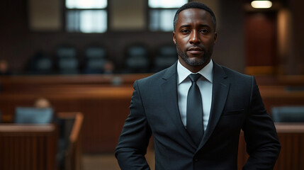 Fototapeta premium Lawyer standing confidently in courtroom preparing for an important trial