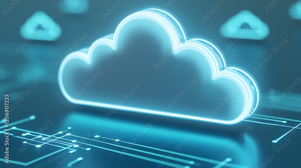 Poster glowing digital cloud icon with circuit patterns representing technology and data storage solutions