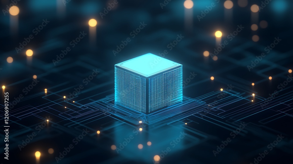 Poster glowing digital microchip surrounded by data connections and light points in a futuristic technology