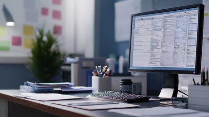 Night Office Workspace: Computer Screen Displaying Data