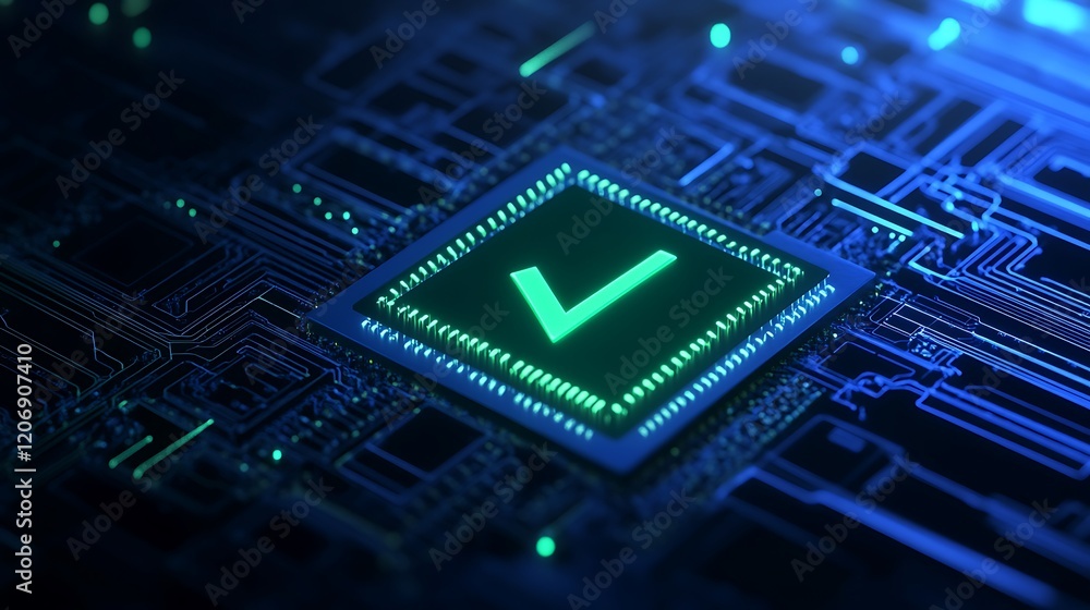 Poster green checkmark on circuit board representing success and validation in technology and digital solut
