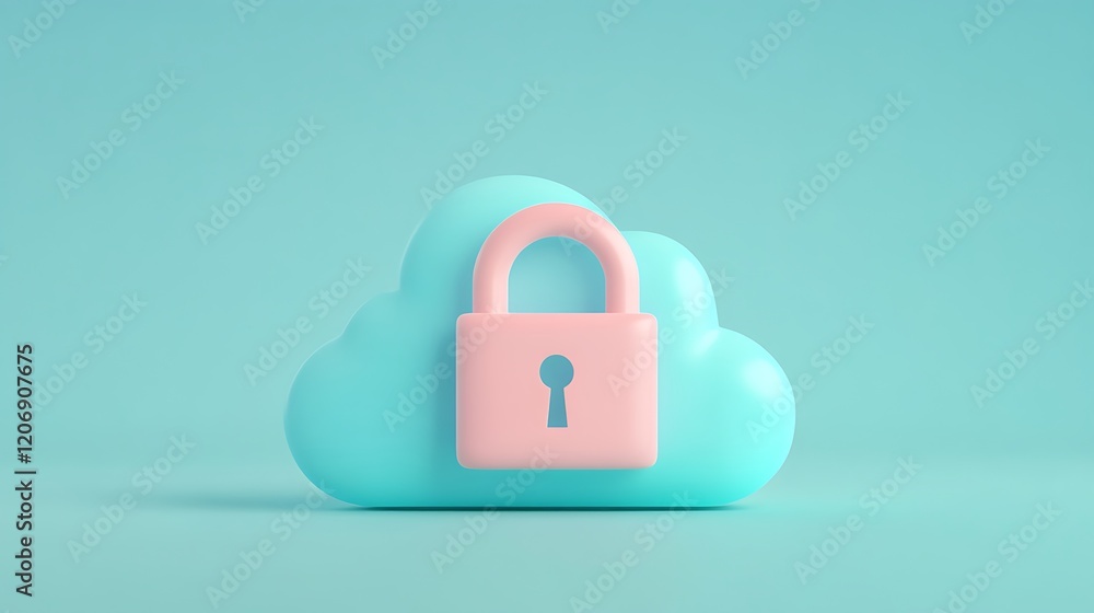Poster illustration of a pastel cloud with a padlock symbolizing data security and cloud computing concepts