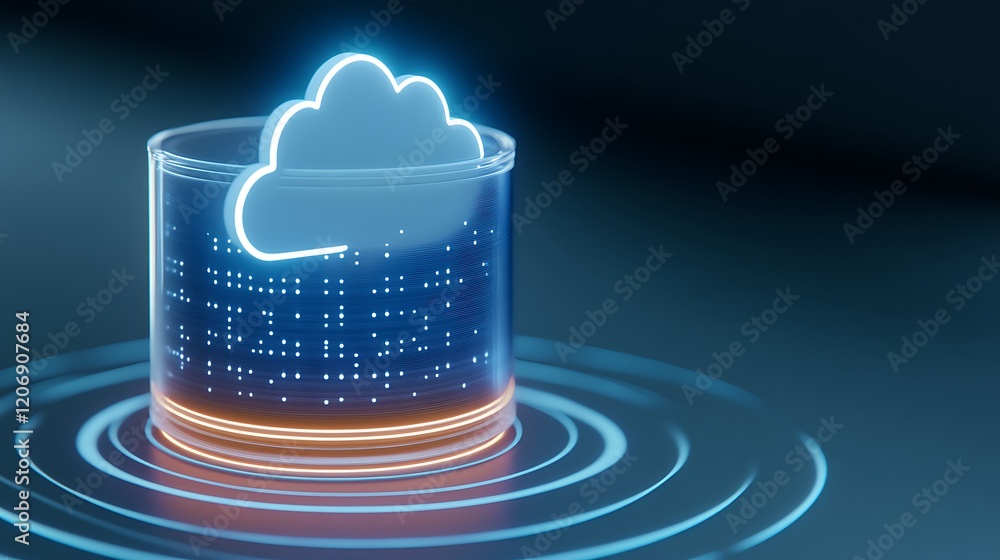 Poster illuminated cloud symbol over a digital water surface representing technology, data storage, and clo