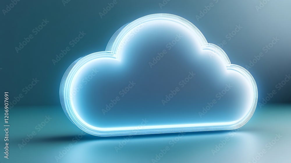 Poster illuminated cloud shape with neon blue glow on a soft color background for creative digital concepts