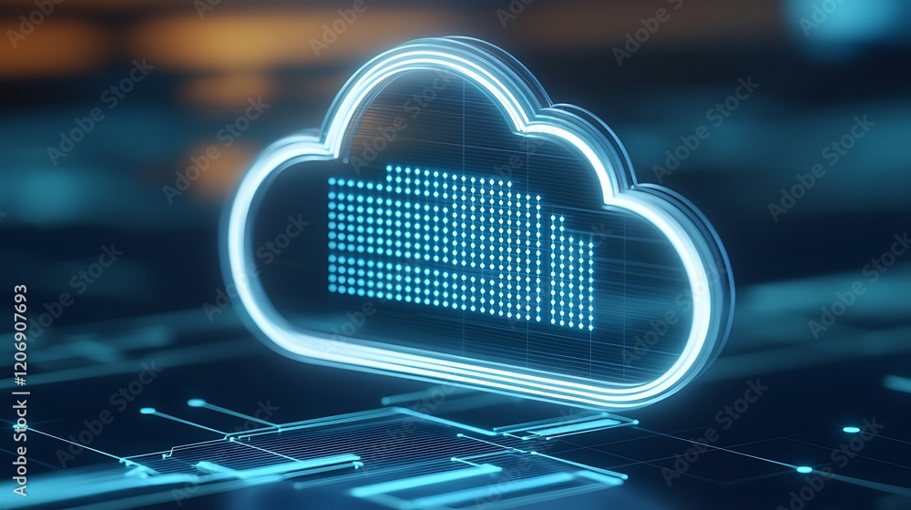 Poster high-tech cloud computing graphic with digital elements and data visualization in blue and neon colo