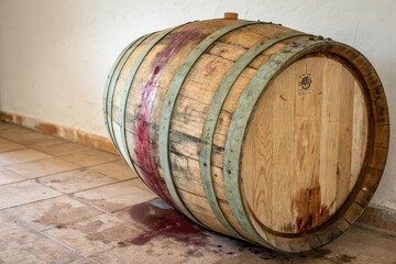 A wooden wine barrel with visible watercolor stains and natural patina, red wine stain, liquid penetration