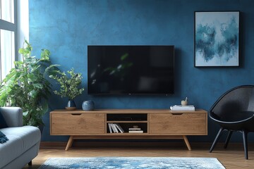 Eckland oak television stand with drawers, open TV section, and light wood finish, beside grey sofa and accent chair with home decor.
