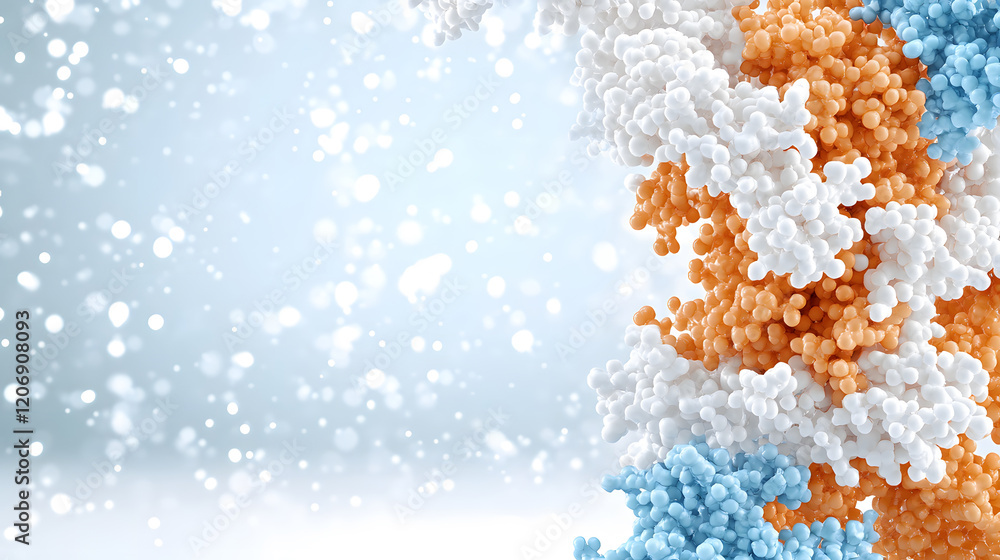 Poster a colorful abstract representation of molecular structures, featuring clusters in blue, orange, and 