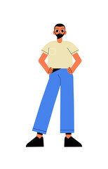 Confident Young Man In Casual Clothing Standing With Hands On Hips In Flat Vector Illustration Symbolizing Confidence, Style, And Individuality, Isolated On White Background