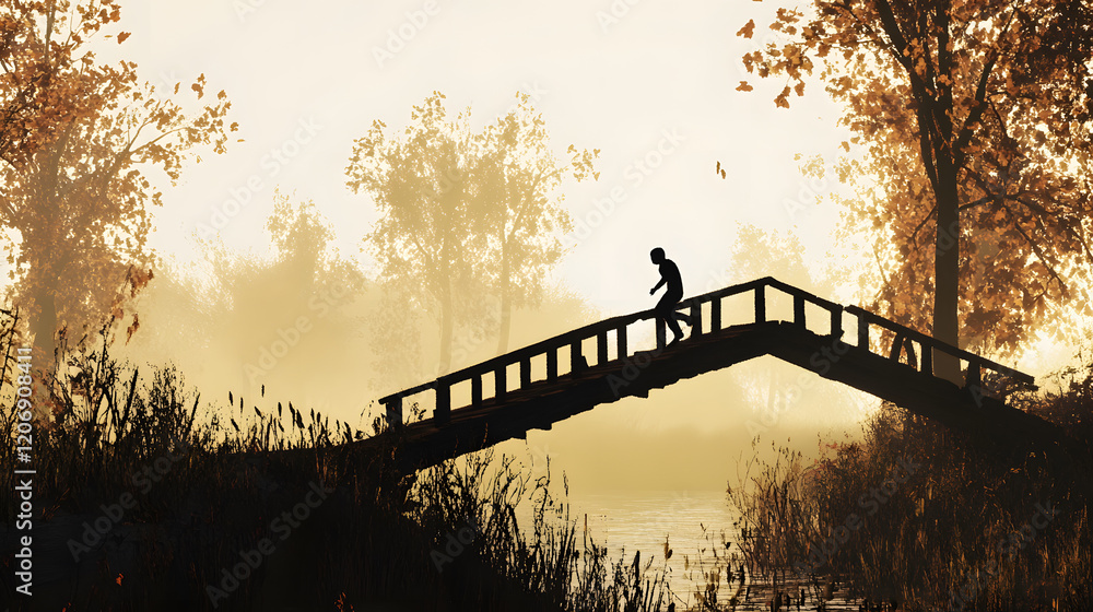 Aufkleber A silhouette of a person stands on a bridge, surrounded by trees and mist, creating a serene and atmospheric landscape