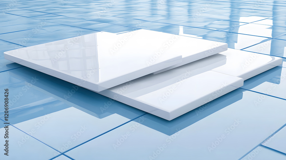 Poster A clean and modern display of sleek white tiles arranged in layers on a glossy blue tiled surface