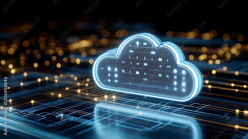 Poster modern cloud computing concept with bright neon design on digital circuit background for technology 