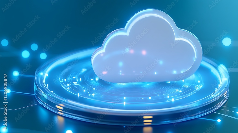 Poster modern cloud computing concept with data connection over blue background and glowing circles represe