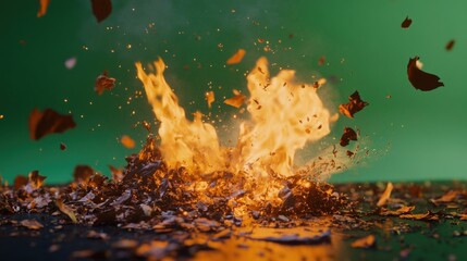 Explosion of fire with charred particles and burning debris on a green background