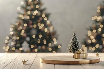 Miniature Christmas Tree and Gifts on Wooden Table for Festive Decor