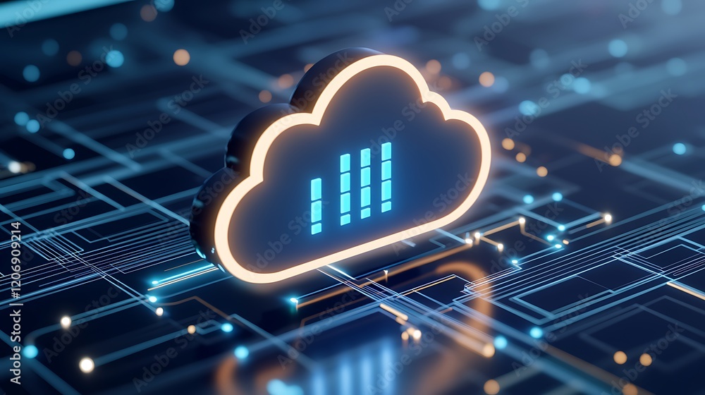 Poster modern cloud computing concept with digital interface and neon effects in futuristic technology back