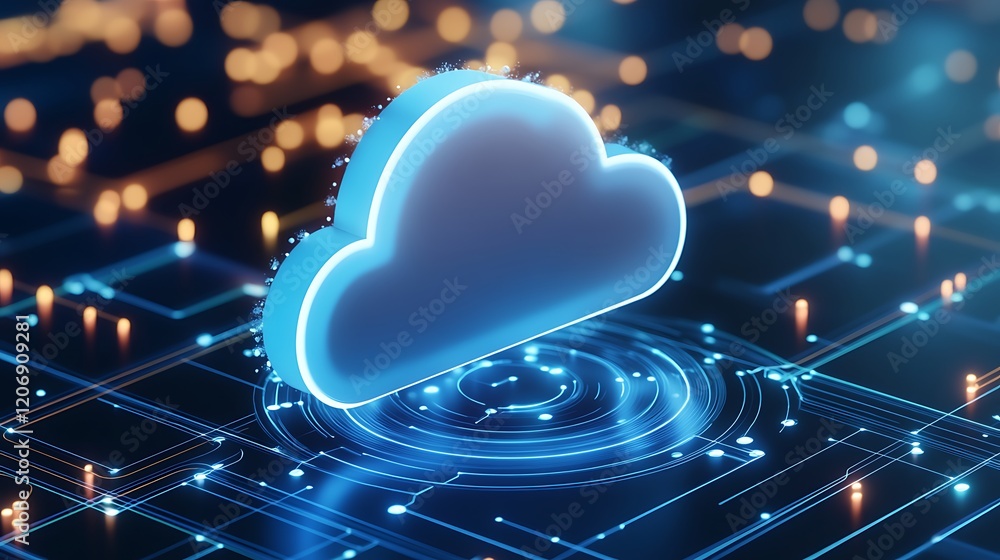 Poster modern cloud computing concept with digital network and bright glowing elements in technology backgr
